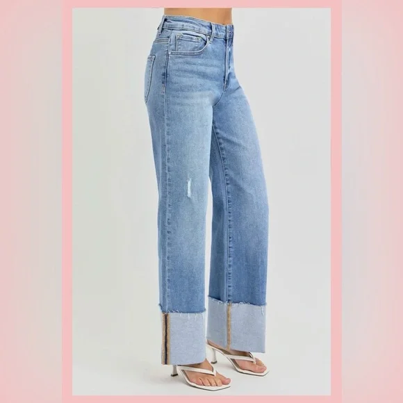 Risen Chic Light Blue Wide Leg Jeans with chuffed bottoms w/ light distress 9/29 - Picture 3 of 10